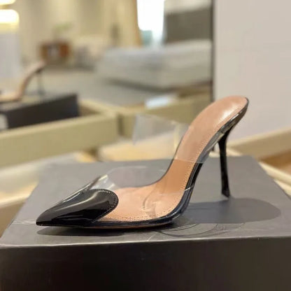 Transparent PVC Mixed-color Women Pumps Elegant Pointed toe Thin High heels Slingbacks Mules Party Prom Shoes