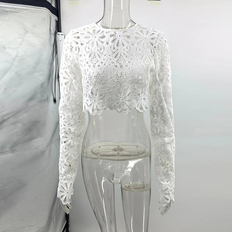 Summer Vacation See Through Crochet Top Women Set Hallow Out Flare Long Sleeve Skirts Set