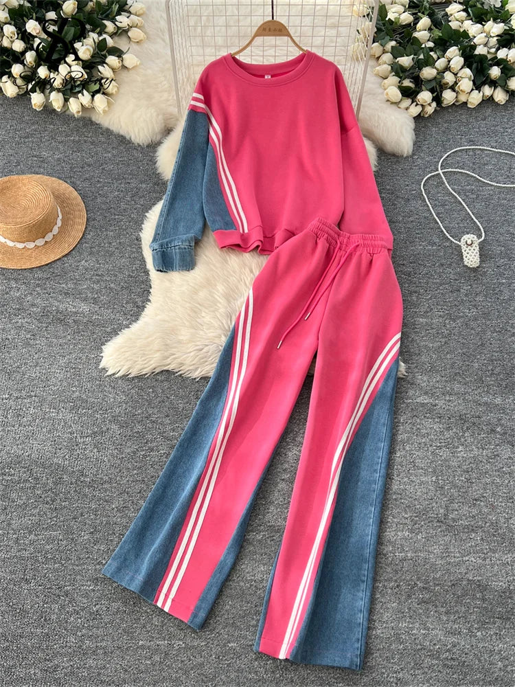 Autumn Fashion Casual Suits Women O Neck Basic Tops + Drawstring Long Pants Two Piece Set Denim Splice Korean Style Sporty 2pcs Sets