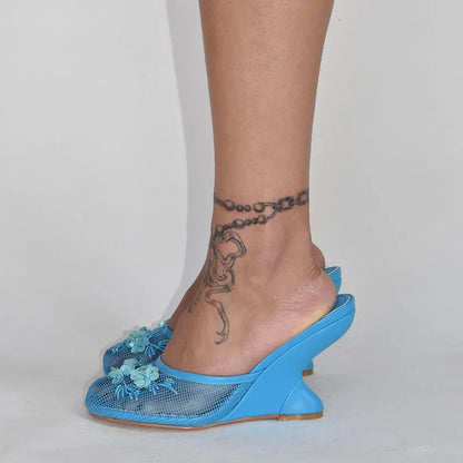 Women Summer Wedges Mesh Shoes Flower Round Toe Slip-On Hollow High Heeled sandals