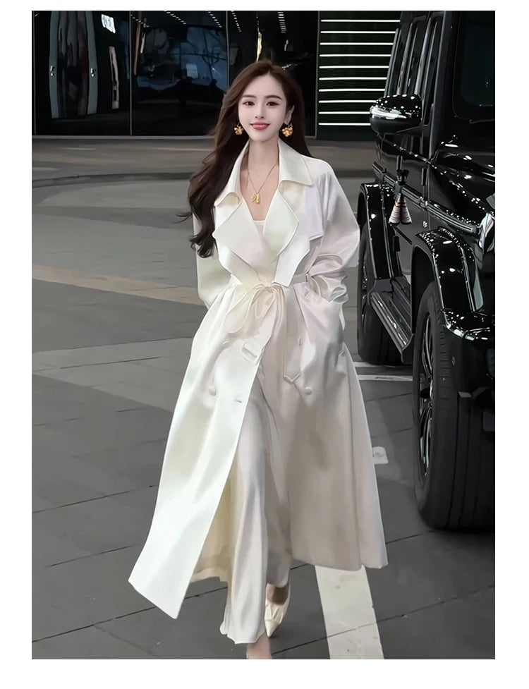 Long Flowy Shiny White Trench Coat for Women Double Breasted Design