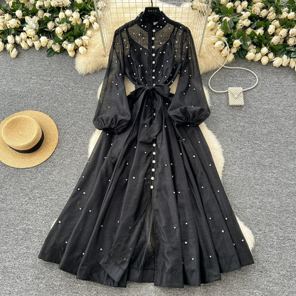Elegant Lantern Sleeves Vintage Stand Collar Chic Single Breasted Rhinestone Bandage Slim High Street Long Dresses