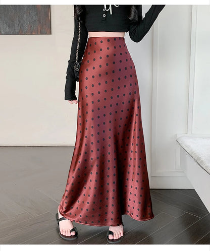 Polka Dot Satin Skirt Women's High Waist Versatile Elegant Dot Long Skirt