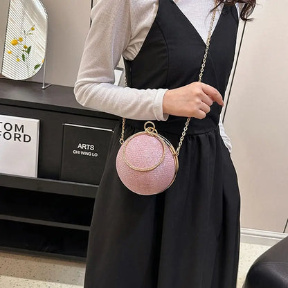 Gold Bright Silk Circular Evening Bag Women Banquet Clutch Rhinestone Chain Shoulder Bags