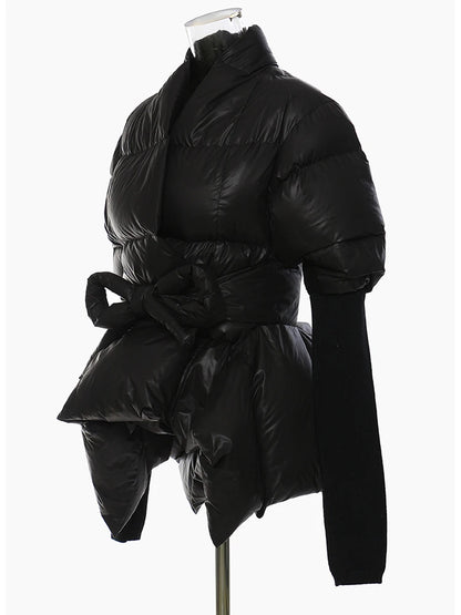 Women's Cotton-padded Coat Belt Irregular Waist Camouflage Knitted Sleeve Parkas Jackets Winter Jackets