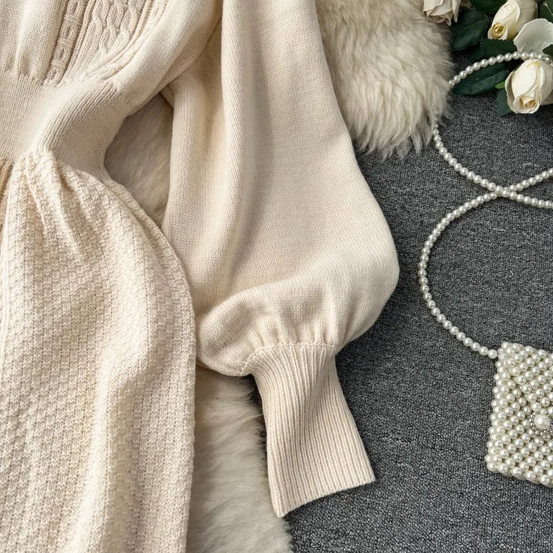 Lazy Style Round Neck Waist Wrapped Slim Mid Length Bubble Sleeve Knitted Dress