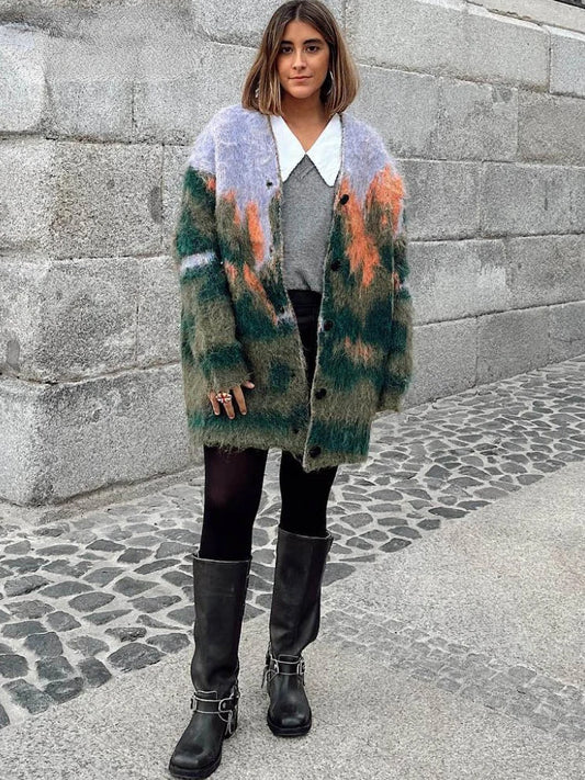 Knitted Printed Cardigan Loose Colorful V-neck Vintage Landscape Pattern Single Breasted Sweater