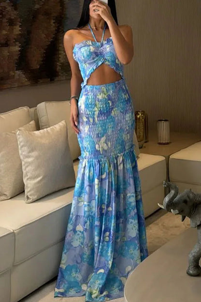High Waist Hollow Dress Women Lace-Off Printed Sling Long Floor Maxi Dress