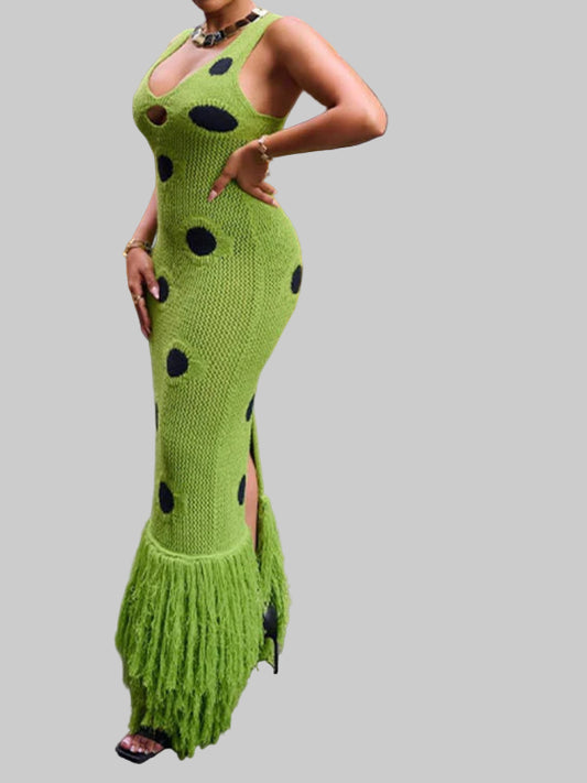 Women Knitted Maxi Dress Hollow Out Deep Neck Tassel Hem Maxi Dress