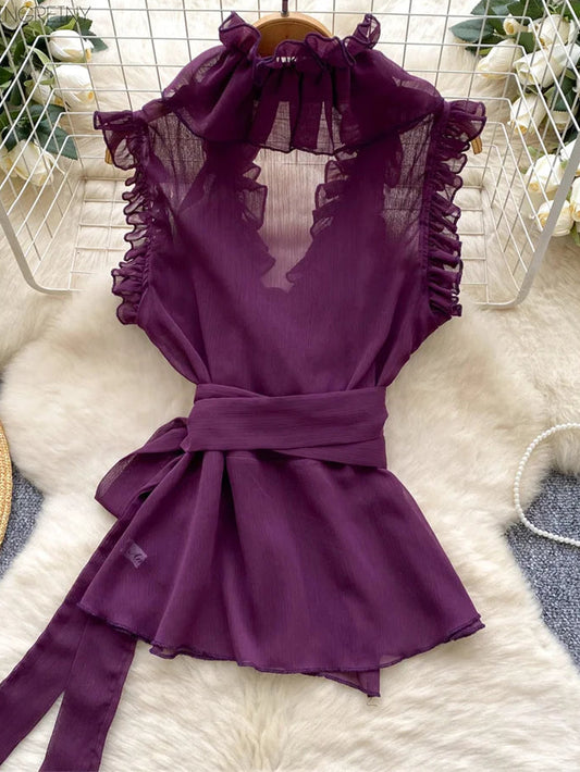 Sweet Ruffles Chiffon Blouses Women Sleeveless V Neck Retro Lace Up Blouse