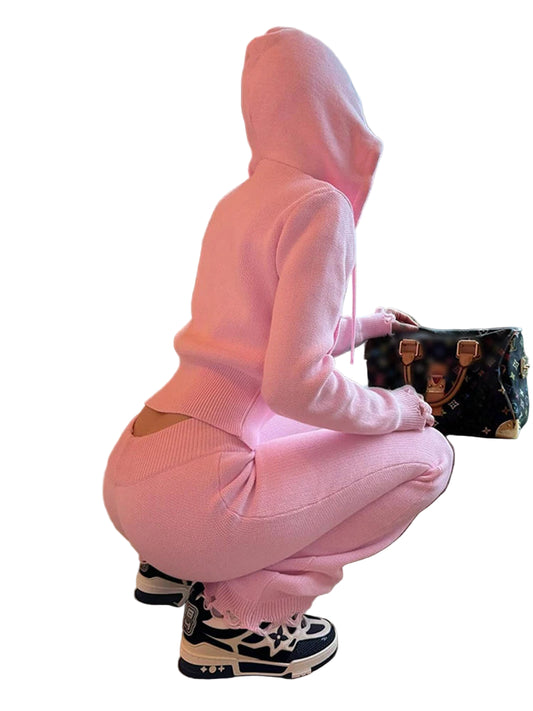 Women 2 Piece Set New Matching Outfits Sporty Hooded Zip-up Crop Tops + Bandage Pants Tracksuits