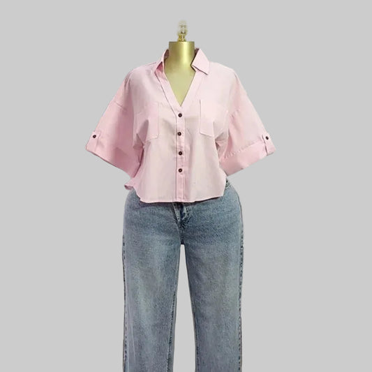Women Solid Half Sleeves Shirt Turn Down V Neck Crop Shirt