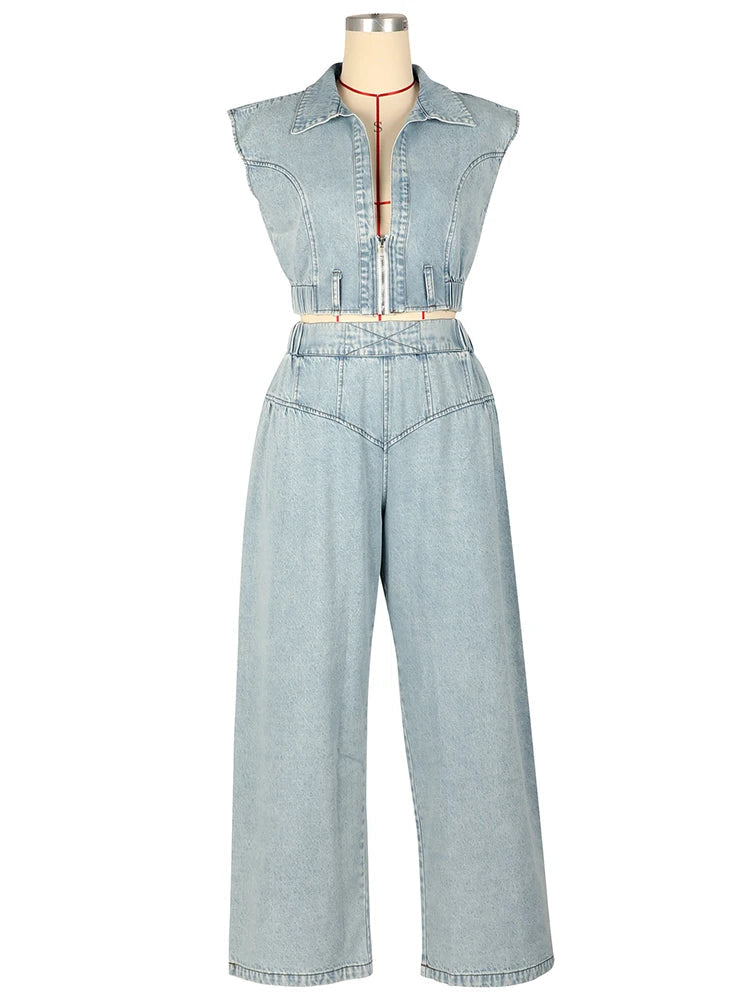 Elegant Denim Women Sleeveless Zipper Crop Top and Wide Leg Pants Two Piece Set