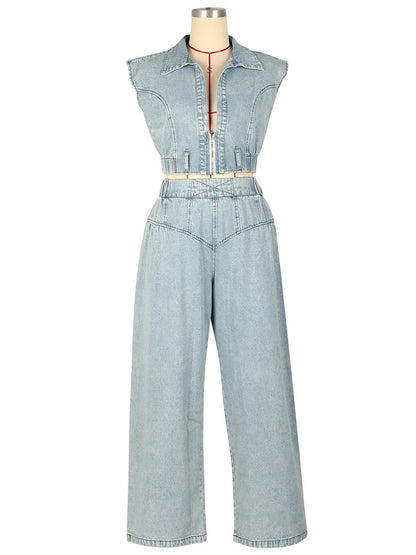 Elegant Denim Women Sleeveless Zipper Crop Top and Wide Leg Pants Two Piece Set