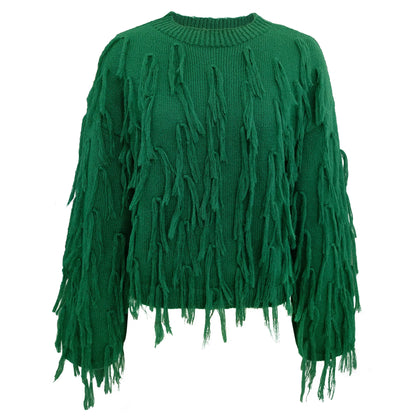 Tassels Design Solid Color Sweater Women Loose Knitted Pullover Jumper