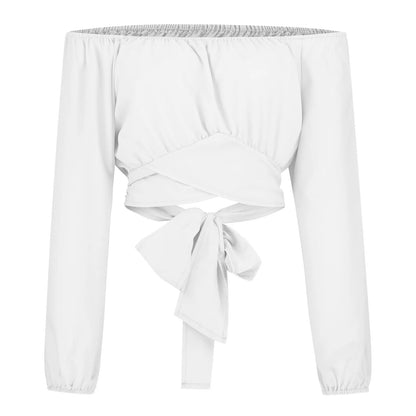 Women Sexy Off Shoulder Print Blouses Chic and Elegant Lantern Long Sleeve Cropped Top