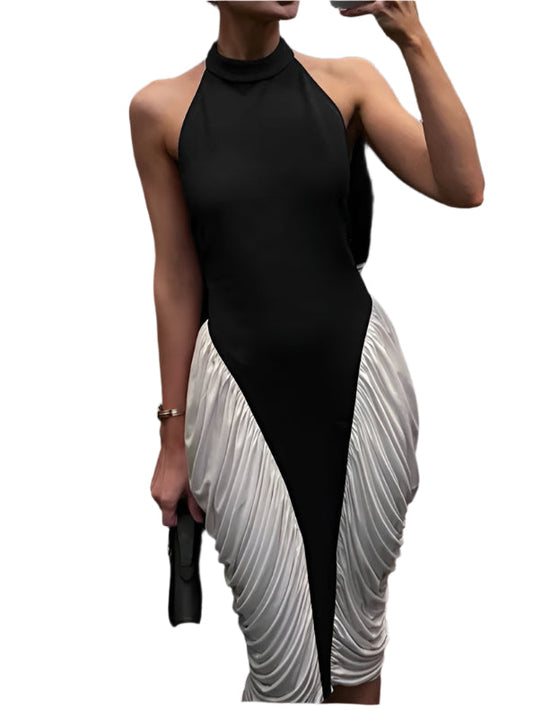 Patchwork Halter Backless Sexy Midi Dress Women Gown Elegant Fashion Contrast Color Sleeveless Pleated Long Dress