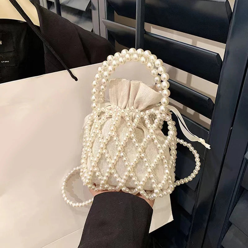 Luxury Pearl Women Bucket Tote Bag Woven Pearl Crossbody Bags for Women Small Wallet