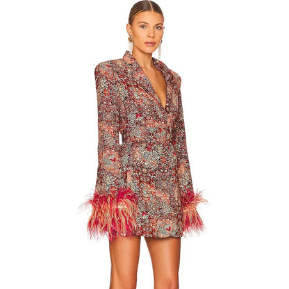 High-end Women's Blazer Dress Cuffs Adorned with Feather Print Dress