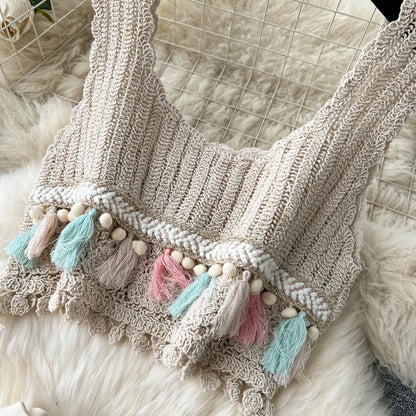 Bohemian Vintage Knit Two Piece Tank Tassels Crop Tops+Loose Hooked Hollow Out Skirt Beach Outfit