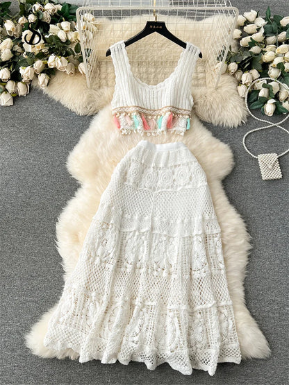 Bohemian Vintage Knit Two Piece Tank Tassels Crop Tops+Loose Hooked Hollow Out Skirt Beach Outfit
