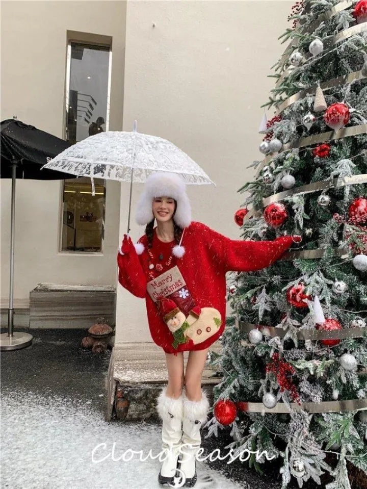 Christmas Sweater Loose New Lazy Thick Sweater Three-dimensional Cartoon Red Sweater