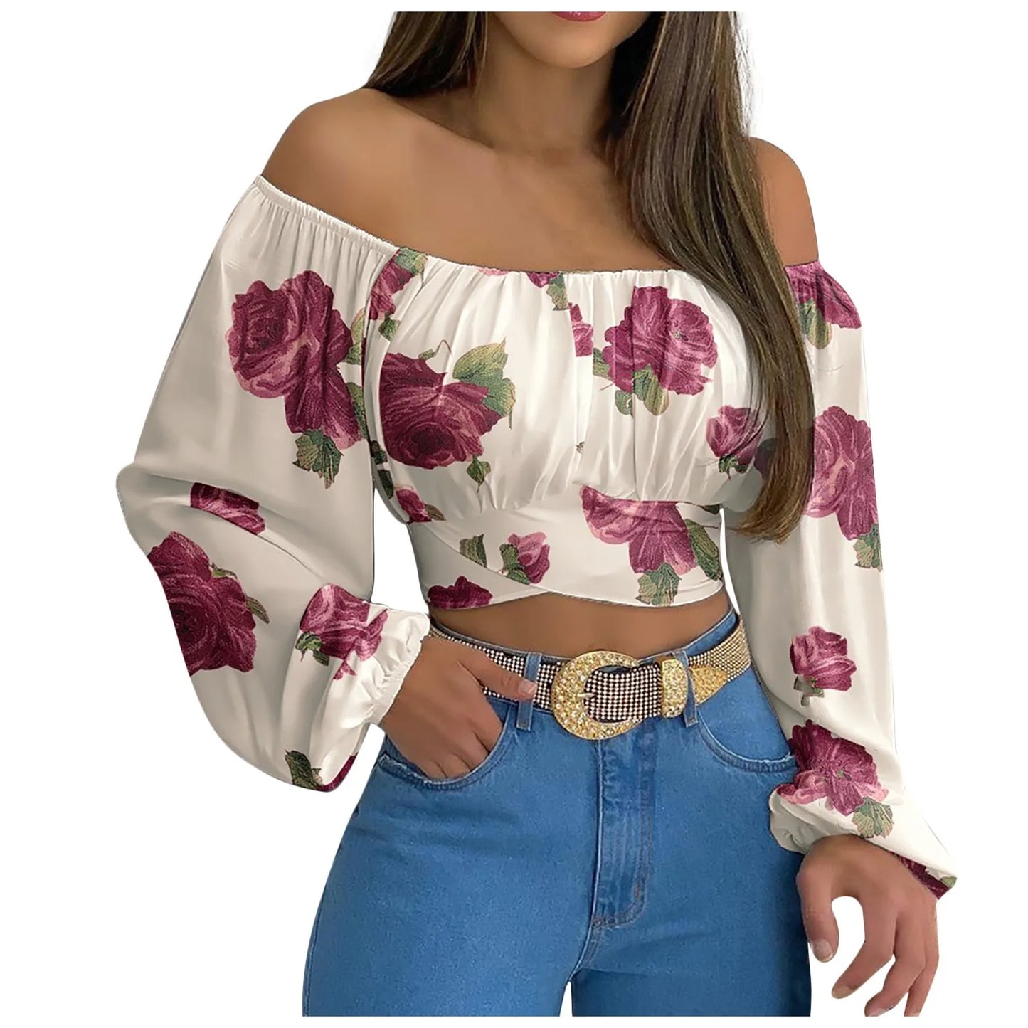 Women Sexy Off Shoulder Print Blouses Chic and Elegant Lantern Long Sleeve Cropped Top