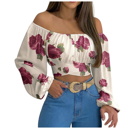 Women Sexy Off Shoulder Print Blouses Chic and Elegant Lantern Long Sleeve Cropped Top