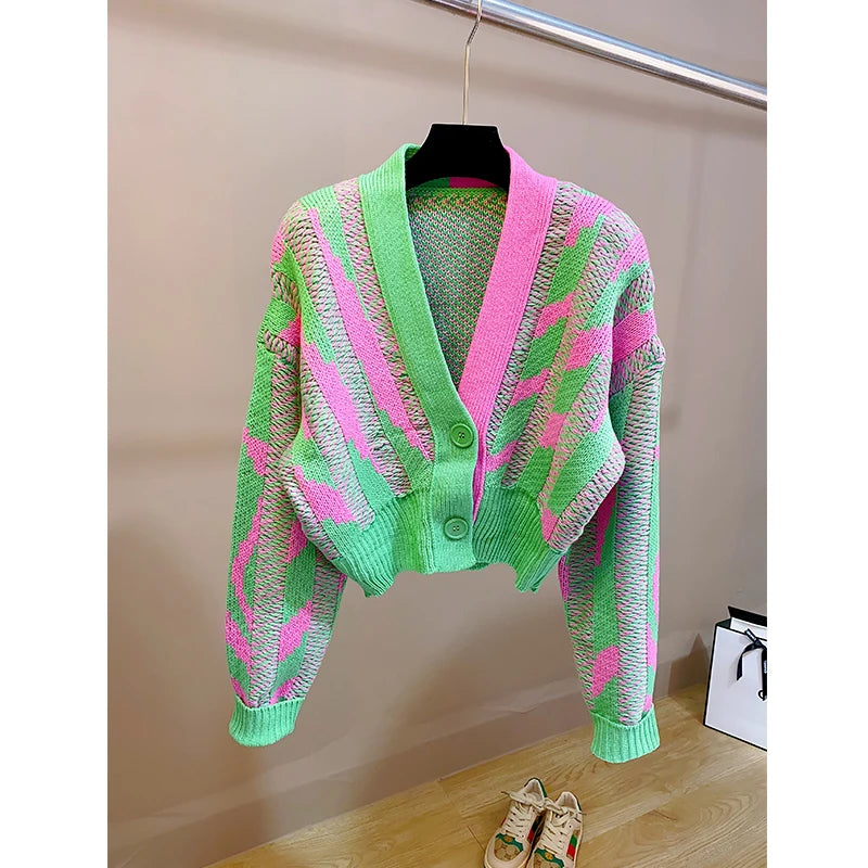 Women Color Block Green Crop  Cardigan High Street Long Sleeve Knit Top Korean Fashion