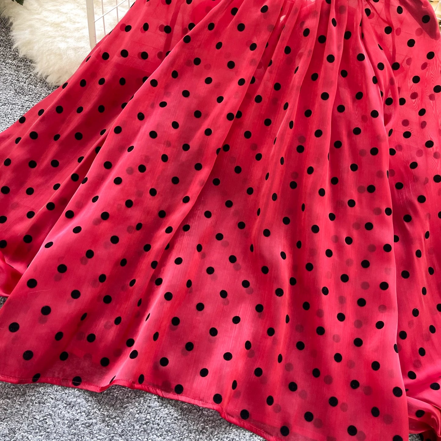 Vintage Polka Dot Tops Puff Sleeve Bow Lace Up Design Blouse