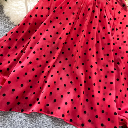 Vintage Polka Dot Tops Puff Sleeve Bow Lace Up Design Blouse