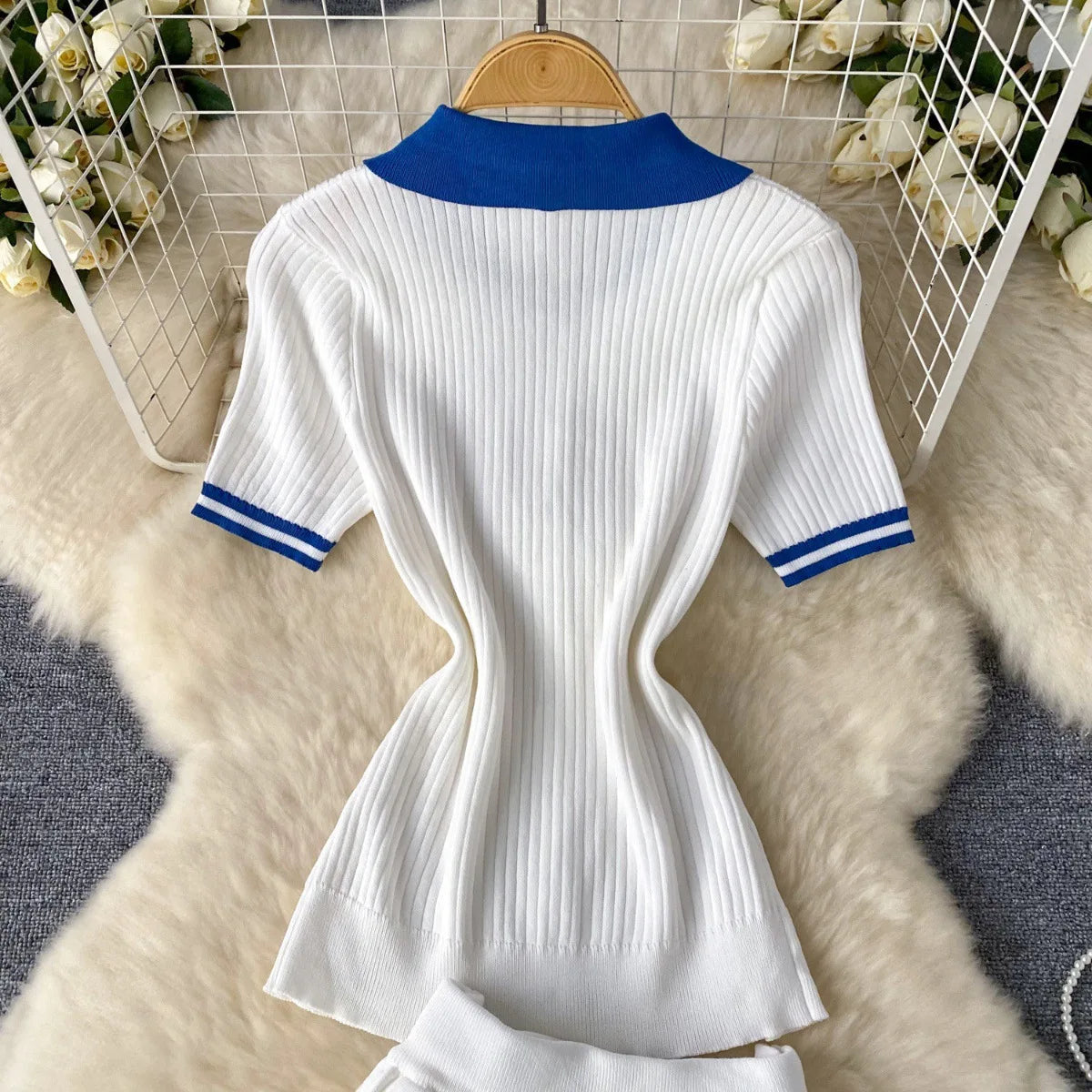 Mini Skirt Set Women Two Piece Sets Polo Collar Knit Shirt Tops Skirt Sets Casual Y2k