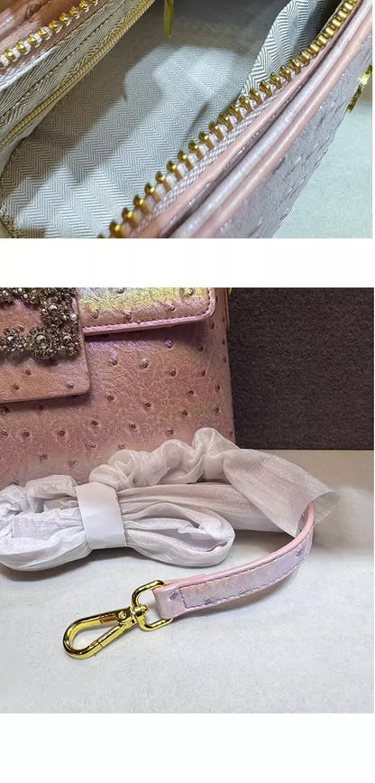 Ostrich Pattern Leather Women's Handbags Diamond-encrusted Shell Bag