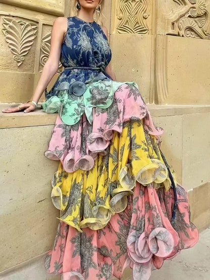Colorful Print Ruffle Maxi Dress Spliced Lace Up Robe for Women Round Neck Sleeveless High Waist Patchwork Ruffles Dress