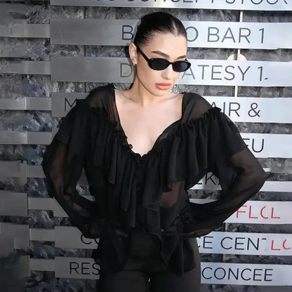 White Chiffon Shirt Women's V-Neck Sexy See Through Shirt Beach Ruffle Blouse
