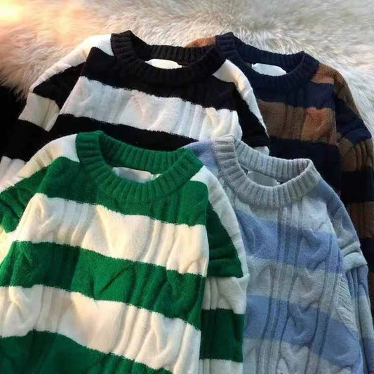 Women Striped Knitwear Twist Sweater Loose Round Neck Pullover