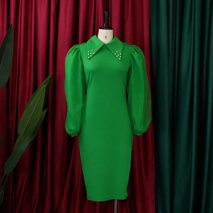 Elegant Office Dress fro Women Professional Full Sleeve Turn Down Collar Beaded Sheath Package Hips Mid Calf Formal Work Dress