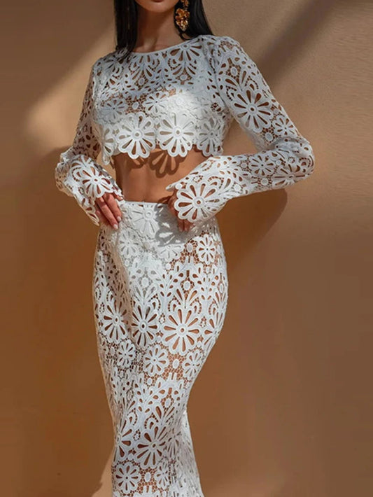 Summer Vacation See Through Crochet Top Women Set Hallow Out Flare Long Sleeve Skirts Set