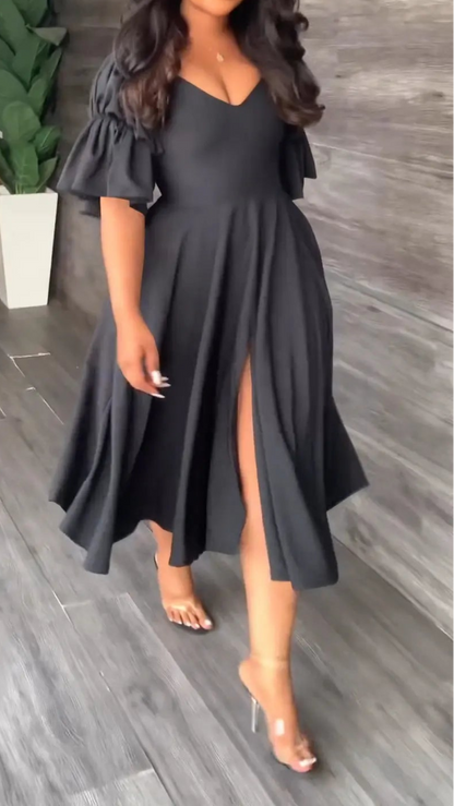 Vintage Women Criss Cross Open Back Lantern Half Sleeve V-neck Big Swing Dress