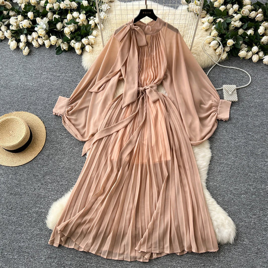 Women Elegant Long Flare Sleeves Vintage Bow neck Bow Loose Midi Dress