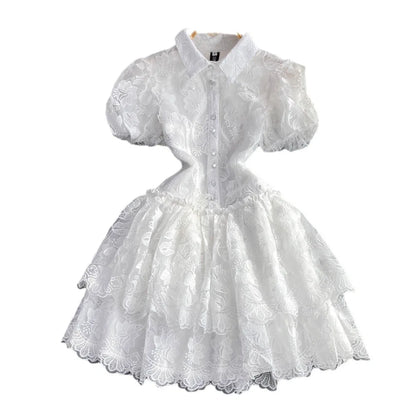 Women Vintage Lace White Dress Turn Down Collar Puff Sleeve Mini Dress