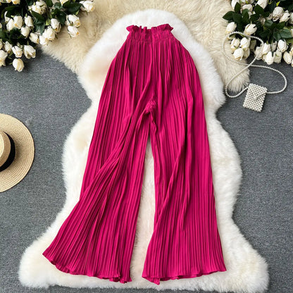 Women Long Pants Wide Leg Pant Solid Loose Casual Lace Up Tight High Waist Capris Regular Pleated Trousers