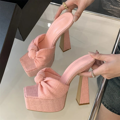 Chunky Platform Wedge Woman Slippers Butterfly-knot Open Toe Wedding Banquet Sandals High Heels Slide Shoes