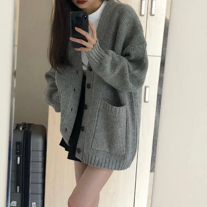 Women Cardigan Long Sleeve V-neck Loose Knitted Sweater Cardigan