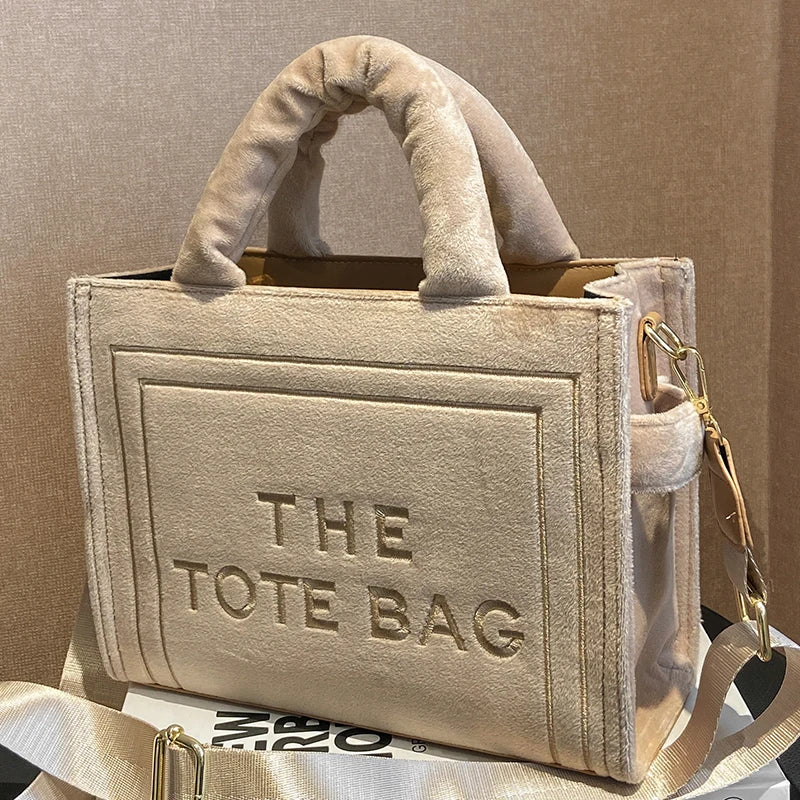 Women's Khaki Velour Tote Bag Original Letter Print Shopper Handbag