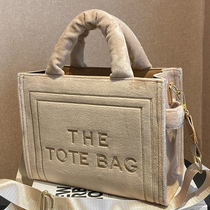 Women's Khaki Velour Tote Bag Original Letter Print Shopper Handbag