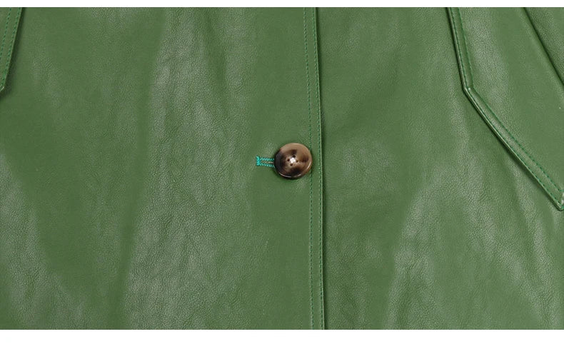 Long Green Pu Leather Trench Coat for Women with Back Slit Sashes Single Breasted
