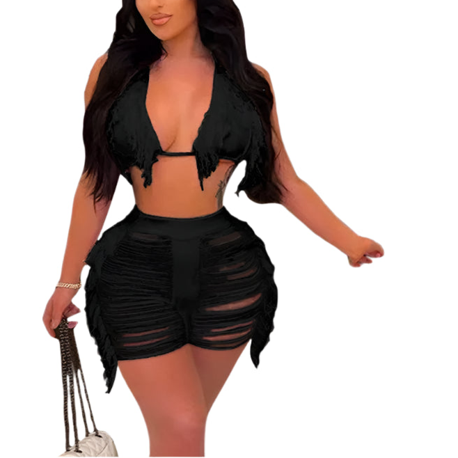 Women Fringe Tassel Bikini Shorts Set Hollow Out Jamaican Crochet Swimwear Summer Beach Knitted Cover Up Swimsuit