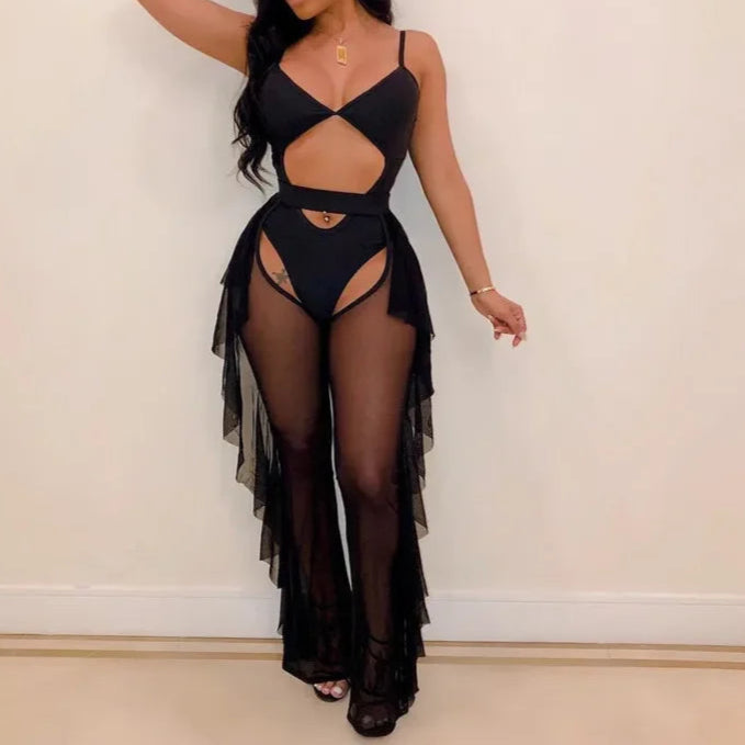 Hollow Out 2 Pieces Set for Woman Mesh See Through Bodysuit Top and Ruffles Pants Swimsuit Outfit