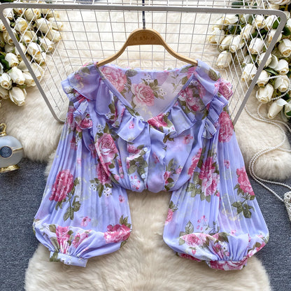 Floral Print Loose Shirt Women Lantern Sleeve V Neck Thin Causal Ruffle Blouse
